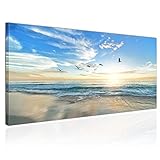 Topquadro XXL Wandbild, Leinwandbild 100x50cm, Meer bei Sonnenuntergang, Möwen Wellen und Strand - Panoramabild Keilrahmenbild, Bild auf Leinwand - Einteilig