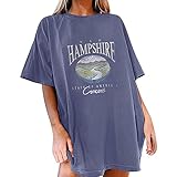 Damen T-Shirt Sommer Kurzarm Grafikdruck Shirt Tunika Oversized Mode Lose Rundhals Buchstaben Longshirt Frauen Vintage Bluse Oberteile Lang Tops für Teenager M