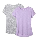 icyzone Damen 2-Pack Kurzarm Shirt Atmungsaktiv Oberteile Fitness Gym Top Casual T-Shirt (L, Grey/Lavender)