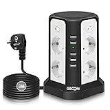 GLCON 8 Fach Steckdosenleiste überspannungsschutz mit USB(5V/5A), Mehrfachsteckdose mit 4 Schalter 2500W für Zuhause und Büro, Verteilersteckdose 3m Kabel Schw