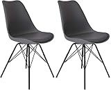 SAM 2er Set Schalenstuhl Lerche, Kunststoffschale in Grau, integriertes Kunstleder-Sitzkissen, Schwarze Metallfüße, Esszimmerstuhl im skandinavischen S
