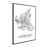 Stadtplan Hamburg Poster | Glasrahmen | hochwertige Wandbilder in schwarz weiß Wohnzimmer DIN A3 Wanddeko Wohnzimmer modern Premium-Qualität Galerie-Rahmen deutsche Manufaktur Fotopap