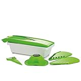 Kitchen N-Joy Gemüsehobel und Gemüseschneider Set inkl. Auffangschale und 5 in 1 Gemüse- und Fruchtschäler, V-Hobel, Küchengerät, Multitool, Reibe, Gurkenschneider, S