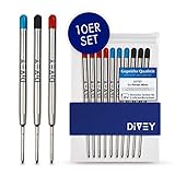 DIVEY Kugelschreiberminen für das G2-Format - hochwertige Großraumminen im 10er Pack - Ersatzminen - Kugelschreiber Minen - Kuliminen - Kugelschreiber Patrone - Rot, Schwarz & B