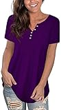 Uusollecy Damen Tunika Sommer T-Shirt, V-Ausschnitt Knopfleiste Kurzarm Bluse, Einfarbig Elegant Übergröße Oberteile Tops Für Frauen Teen Girls Lila 2XL