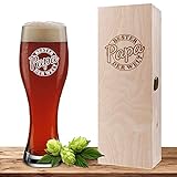 Weizenglas mit Motiv Siegel 'Bester Papa' inklusive Geschenkbox aus Holz, Bierglas 0,5 Liter mit gravierter Holzbox, Vatertag oder Geburtstag, personalisiertes Weißbierg