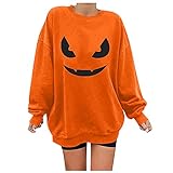 JiJiRuDU Frauen Halloween Hemd Langarm Kürbis Skelett Plus Size Bluse Sweatshirts (Orange, L)