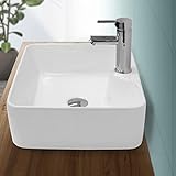 ECD Germany Design Waschbecken Waschtisch 480 x 380 x 140 mm inkl. Ablaufgarnitur für Waschbecken ohne Überlauf - Keramik Weiß Aufsatzbecken Aufsatzwaschbecken Waschschale Aufsatzwaschtisch Spülbeck