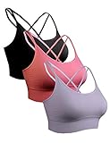 Sykooria Sport BH Damen Gepolstert Bustier Damen BH ohne Buegel Spaghettiträger Cross Back Design Push up BH Sport Bra Top für Yoga Fitness, Schwarz+Rosa+Violett M