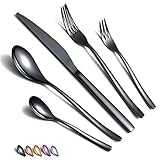 HOMQUEN Schwarzes Besteck Set 30 Stück, Schwarzes Besteckset aus Edelstahl, Schwarze Titanbeschichtung, Utensiliensets Service-Set für 6 (Schwarz Glänzend)