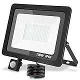 RISEMART100W Led Strahler mit Bewegungsmelder Außen, IP66 Wasserdicht LED Fluter Flutlicht,8000LM Superhell Scheinwerfer Licht Wandleuchte für Garten, Garage,Sportplatz(2,0 m Kabel) (100w schwarz)