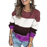 Spleißen Pullover Damen Elegant Rundhals Stricken Pulli Casual Lose Oversize Langarm Jumper Sweater Girl Y2k Herbst Winter Neu Warm Oberteile,Rot,XL