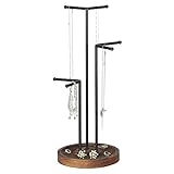 OROPY 3-Schicht Schmuckständer, Metall-Schmuckbaum mit Holztablett, Schmuckaufbewahrung für Hängen der Halsketten, Ohrringe, Ringe, Armbänder und Uhren (Black)