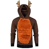 KUDICO Weihnachts-Hoodie für Herren, Sweatshirts Xmas Elch Form Brust Plüsch Patch Einfarbig Langarm Tops Pullover Gr. X-Large, Orang