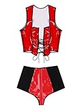 winying Damen Metallic Crop Top mit Zip Lack Leder Kurze Hose Glänzend Shorts mit Gürtel und Schnalle Gogo Outfits Clubwear Rot C M