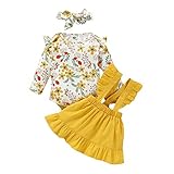 T TALENTBABY Säugling Baby Mädchen Strampler Jumpsuit Langarm Blumen Rüschen Schulter T-Shirt Tops + Rüschenriemen Rock + Schleife Stirnband Baumwolle Outfits Kleid, Weiß Gelb, 0-6 M