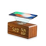 HZDHCLH Holz Digitaler Wecker mit 10W schnelles kabelloses Ladegerät für iPhone/Samsung Galaxy,LED Display mit 4-stufiger Dimmer,3 Lautstärke einstellbar,Doppelwecker mit Schlummerfunktion,ohne Tick