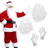 CHUANYUS 3 Stück Kostüm Weihnachtsmann Perücke und Bart Set mit Glove Zubehör Weiß Santa Claus Anzug Realistische Weihnachtsmannkostüm Männer Erwachsen Cosplay Nikolaus Kostüm mit Bart für W