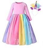 HenzWorld Regenbogen Kleid für Mädchen Fancy Party Outfits Kind Prinzessin Cosplay Tutu Kleid Langarm Kleidung mit Kopfbedeckung 7-8 J