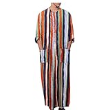 Syliababy Ethnische Roben Herren Muslim Kaftan Patchwork Kragenlos DREI Viertel Ärmel Casual Vintage Hemd Lange Bademäntel Langärmliges, arabisch gestreiftes, bedrucktes H