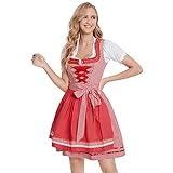 Adisputent Damen Dirndl Midi Kleid Trachtenkleid 3tlg.Dirndl mit Spitzenschürze Dirndlkleid Trachtenmoden für Bierfest Trachtenkarneval Bayerisches Oktoberfest(B Rot Kariert,36)