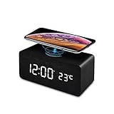 FiBiSonic LED Wecker digital mit Wireless Charger Wecker aus Holz Wecker Design Deko led Uhr Standuhren Klein Vintage Schreibtisch Schw