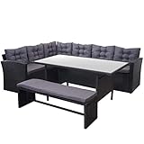 Mendler Poly-Rattan-Garnitur HWC-A29, Gartengarnitur Sitzgruppe Lounge-Esstisch-Set, schwarz - Kissen dunkelgrau, mit Bank