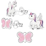 2 Paar Einhorn + Glitzer Schmetterling Set Ohrstecker 925 Echt Silber Mädchen Kinder Ohrring