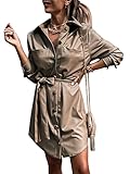 ORANDESIGNE Damen Lederkleid Einreihiges Hemdkleid mit Gürtel Einfarbiges Langes Bluse mit Umlegekragen Lange Ärmel E-Girl Streetwear Minikleid A Khaki M