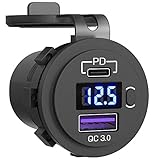 Power Delivery 3.0 USB C Steckdose 12V für iPhone 12/12 Mini/12 Pro, 30W PD & QC 3.0 USB Einbau Buchse Wasserdicht KFZ Ladegerät Dose mit Schalter LED Voltmeter für Auto Motorrad Boot LKW Wohnwagen RV