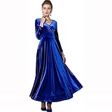 Yokbeer Frauen Winterkleid Langarm Abendkleid Elegantes Langes Weihnachten V-Ausschnitt Partykleid Samt (Color : Blue, Size : M)