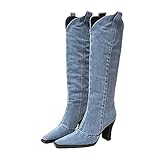 Damen Slouch Stiefel Slip-On Blockabsatz Spitzschuh Slip-On Denim Bequeme Blockabsatz Fashion Cow Boy S