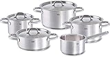 Fissler family line / Edelstahl-Topfset, 5-teilig, Kochtopf-Set , Töpfe mit Deckel, spülmaschinen-geeignet, Induktion, alle Herdarten (3 Kochtöpfe, 1 Bratentopf, 1 Stielkasserolle-deckellos)