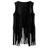 Writtian Damen Wildlederweste Fransenweste Ärmellos Weste Mantel Jacke Übergangsjacke Women Winter Suede Ethnic Sleeveless Tassels Fringed Vest Cardigan Weste Damen Outdoor Frauen Jacke W