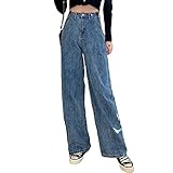 Frühling Herbst Breites Bein Jeans Damen Hohe Taille Denim Hose Koreanisch Strassenmode Retro Lose Sinken Gerade Hose,Blau,M