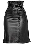 Damen Midi Rock Leder Optik Coated Knielang Elegant Plisee Gürtel Knopf, Farben:Schwarz, Größe:S-M