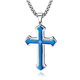 J.May Herren-Halskette mit Kreuz-Anhänger Herrenkette Männer Kette, Edelstahl Halskette Kubanischer Ketten Silber Gold 60 cm Biker Punk Rock Herren-Accessoires (Blau)