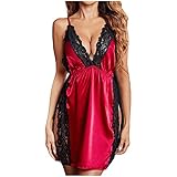 Hirolan Rot Damen Nachthemd Sexy NachtwäSche Spitze Tiefer V-Ausschnitt Nachtkleid Lingerie Dessous ÄRmellos RüCkenfrei Negligee FüR Damen NachtwäSche Sleepwear Nachtkleid Mit Sp