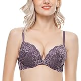 Wingslove Damen Push Up BH mit floraler Spitze gepolsterter Bügel BH Komfort BH（Violett 38C）