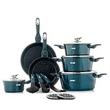 DMS® 15-teilig Induktion Kochgeschirr Kochset Töpfe Pfannen Set Bratpfanne Kasserolle Suppentopf mit Glasdeckel 3 Küchenutensilien 2 Topfuntersetzer Aluminium Marbel Beschichtung (Blau)