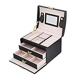 Zerone Schmuck Organizer Kleine mit Spiegel, 3-stufige Schmuckaufbewahrungsbox Schmuckdisplay mit Schublade und PU-Lederfach für Abstellraum, 3 Farben zur Auswahl (Schwarz)