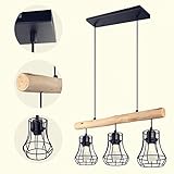 Deckenlampe holz rustikal Esszimmer Höhenverstellbare Hängelampe mit 60 CM Holzbalken, Hängeleuchte 3 x E27 max. 40 Watt, Industrielle Pendelleuchte für Esszimmer Küche Wohnzimmer B