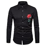 Freizeithemden Herren Frühling Herbst Trend Mode Rose Druck Langarm Herren Shirt Ethnischer Stil Jugend Slim Fit Männer Hemd Täglich Casual All-Match Herren Base Shirt A-Black L