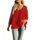 DOBEI Damen Chiffon Tunika Tops Langarm tiefer V-Ausschnitt Knöpfe Spitze Blumen Aushöhlen Rückenfrei Lockere Elegant T-Shirt Bluse Strickjacke Frauen Sexy Lässig Große Größe Einfarbig Coole H