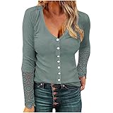 Damen Shirt Spitze Patchwork Langarm Tshirts Blusen Oberteile mit V-Ausschnitt Pullover Gestreifte Tunika Tshirts Frühling und Herbst Aushöhlen Langarm Frauen Pulli Sweats Sw