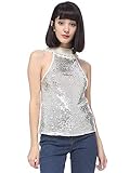 ANNA-KACI Frauen Metallic Effekt Silber Pailletten Perle Häkelspitze Trim Halshold Top