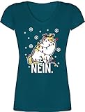 Weihnachten & Silvester Geschenke Party Deko - Nein - Mad Cat weiß - L - Türkis - Nein - XO1525 - Damen T-Shirt mit V