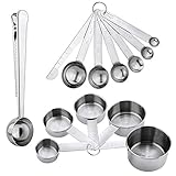 Jooheli Edelstahl Messbecher und Löffel mit Messlineal, 5 Cup Messbecher 6 Messlöffel Set Scoop mit Clip und 1 Messlineal, Küche Umrechnungstabelle Set von 13er-Set, für Trockene und Flüssige Z