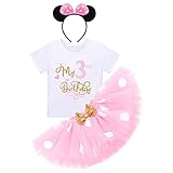 Baby Mädchen Dritter 3. Geburtstag Party Outfit Minnie Kostüm Baumwolle Kurzarm Top T Shirt Prinzessin Gepunktet Tütü Tüll Rock Stirnband 3tlg Bekleidungsset Rosa - Mein 3. Geburtstag