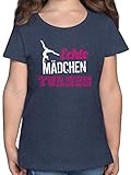 Kinder Sport Kleidung - Echte Mädchen Turnen - 140 (9/11 Jahre) - Dunkelblau Meliert - t-Shirt Turnen mädchen - F131K - Mädchen Kinder T-S